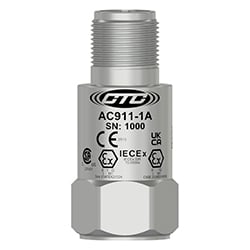 A stainless steel AC911 intrinsically safe, top exit mini accelerometer engraved with the CTC line logo, product number, serial number, and hazardous area certification markings.